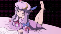 Rule 34 | 1girl, anime coloring, argyle, argyle background, argyle clothes, barefoot, blurry, book, bow, breasts, crescent, depth of field, feet, hair bow, hand on own cheek, hand on own face, hat, highres, large breasts, long hair, lying, on stomach, open book, patchouli knowledge, purple hair, reading, solo, tenkomori (bug kura), touhou