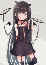 Rule 34 | + +, 1girl, black dress, black hair, black thighhighs, blush, commentary request, detached wings, dress, garter straps, grin, hair ornament, hand up, long hair, looking at viewer, original, purple eyes, siragagaga, smile, solo, standing, thighhighs, very long hair, wings, x hair ornament