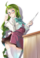 Rule 34 | 1girl, bespectacled, blue bow, blue bowtie, bow, bowtie, braid, glasses, green hair, halterneck, highres, holding, holding pointer, imu sanjo, kantai collection, long hair, long sleeves, mole, mole under mouth, pointer, red-framed eyewear, school uniform, shirt, single braid, smile, solo, thighhighs, very long hair, white shirt, white thighhighs, yuugumo (kancolle)