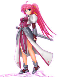 Rule 34 | 00s, 1girl, ahoge, bare legs, blue eyes, fingerless gloves, full body, gloves, hair ribbon, laevatein (nanoha), long hair, looking at viewer, lyrical nanoha, magic circle, mahou shoujo lyrical nanoha, mahou shoujo lyrical nanoha a&#039;s, pink hair, ponytail, red gloves, red hair, ribbon, scabbard, serious, sheath, signum, simple background, solo, standing, unsheathed, waist cape, white background, yamaguchi ugou