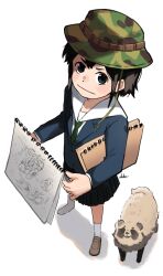 Rule 34 | 1girl, artist name, asakusa midori, black eyes, black hair, blazer, blue jacket, blue skirt, blush, brown footwear, bucket hat, camouflage, camouflage headwear, carrying, carrying under arm, closed mouth, commentary, eizouken ni wa te wo dasu na!, from above, from side, green hat, green necktie, hair between eyes, hat, hayato noda, highres, holding, holding sketchbook, jacket, light blush, light smile, loafers, looking to the side, looking up, necktie, perspective, pleated skirt, sailor collar, shadow, shirt, shoes, short hair, signature, simple background, sketchbook, skirt, smile, socks, solo, tanuki, v-shaped eyebrows, white background, white sailor collar, white shirt, white socks