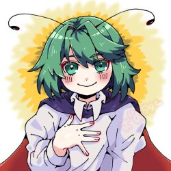 Rule 34 | 1girl, antennae, black cape, blush, bobotatamu, cape, closed mouth, collared shirt, commentary request, derivative work, fingernails, green eyes, green hair, hair intakes, hand on own chest, highres, long sleeves, looking at viewer, medium bangs, red cape, redrawn, shirt, short hair, smile, solo, touhou, two-sided cape, two-sided fabric, upper body, white shirt, wriggle nightbug