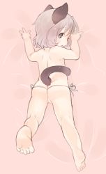Rule 34 | 1girl, :o, animal ears, ass, back, blue eyes, blush, butt crack, cat ears, cat tail, dimples of venus, feet, from above, from behind, gradient background, grey hair, hair between eyes, kneepits, leg up, looking back, lying, okayu (headless), on stomach, panties, sanya v. litvyak, short hair, side-tie panties, solo, strike witches, tail, toes, topless, underwear, wedgie, white panties, world witches series