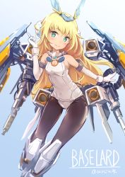 Rule 34 | 10s, 1girl, artist name, baselard, black pantyhose, blonde hair, blue background, blush, breasts, character name, closed mouth, detached sleeves, elbow gloves, frame arms girl, gloves, gradient background, green eyes, headgear, highres, long hair, looking at viewer, mecha musume, medium breasts, moupii (hitsuji no ki), pantyhose, signature, smile, solo, very long hair, white gloves