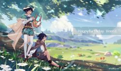 Rule 34 | 2boys, androgynous, beret, black hair, blue eyes, blue hair, blurry, blurry background, boots, bow, braid, brooch, brown cloak, brown shorts, bug, butterfly, cape, character name, cloak, closed eyes, closed mouth, cloud, cloudy sky, collared cape, collared shirt, commentary request, corset, dandelion, dappled sunlight, day, english text, feathers, flower, frilled sleeves, frills, gem, genshin impact, gradient hair, grass, green headwear, green shorts, happy birthday, hat, hat flower, highres, holding, holding instrument, insect, instrument, jewelry, leaf, light particles, long sleeves, lyre, male focus, mountain, multicolored hair, multiple boys, nameless bard (genshin impact), open mouth, outdoors, pantyhose, pinwheel, red flower, shirt, shoes, short hair with long locks, shorts, sitting, sky, smile, standing, sui25jiyuu, sunlight, tree, twin braids, twitter username, venti (genshin impact), vision (genshin impact), white flower, white pantyhose, white shirt