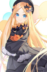 Rule 34 | 1girl, abigail williams (fate), absurdres, black bow, black dress, black hat, blonde hair, blue eyes, blush, bow, breasts, dress, fate/grand order, fate (series), forehead, hair bow, hat, highres, long hair, long sleeves, looking at viewer, miyu10366, orange bow, parted bangs, ribbed dress, sleeves past fingers, sleeves past wrists, small breasts, smile, solo, stuffed animal, stuffed toy, teddy bear