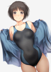 Rule 34 | 1girl, amagami, bare shoulders, black hair, black one-piece swimsuit, blue jacket, brown eyes, collarbone, commentary request, competition swimsuit, cowboy shot, flat chest, jacket, looking at viewer, one-piece swimsuit, open clothes, open jacket, serizawa (serizawaroom), short hair, simple background, smile, solo, swimsuit, tachibana miya, thigh gap, white background