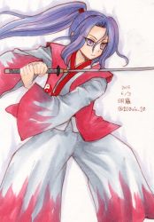 Rule 34 | 1girl, 2015, :|, aura, character name, closed mouth, dated, eyebrows, facing away, fighting stance, hair between eyes, hair intakes, haori, high ponytail, holding, holding sword, holding weapon, io (maryann blue), japanese clothes, katana, legs apart, long hair, looking away, meira (touhou), open clothes, open vest, painting (medium), pants, purple eyes, purple hair, red vest, sidelocks, simple background, solo, standing, sword, touhou, touhou (pc-98), traditional media, tsurime, twitter username, vest, watercolor (medium), weapon, white background, white pants, wide sleeves, yin yang