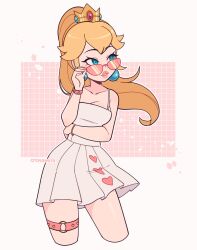 Rule 34 | 1girl, blonde hair, blue eyes, bracelet, commentary, cremanata, crown, dress, earrings, english commentary, heart, highres, jewelry, long hair, mario (series), nintendo, ponytail, princess peach, simple background, sphere earrings, sunglasses, super mario bros. 1, thigh strap, white dress
