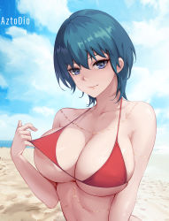 Rule 34 | 1girl, aztodio, bad id, bad twitter id, bare shoulders, beach, bikini, blue eyes, blue hair, blue sky, blush, breasts, byleth (female) (fire emblem), byleth (fire emblem), cleavage, collarbone, fire emblem, fire emblem: three houses, large breasts, looking at viewer, nintendo, red bikini, sky, smile, solo, swimsuit