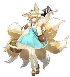 Rule 34 | 1girl, absurdres, animal, animal ear fluff, animal ears, animal on head, arknights, bag, basket, bijian de linghun, black cat, blonde hair, blue hairband, blue skirt, brown bag, brown footwear, cardigan, cat, cat on head, fang, fox ears, fox girl, fox tail, frilled hairband, frills, full body, green eyes, hair down, hairband, heixiu, high-waist skirt, highres, holding, holding basket, kitsune, long hair, long sleeves, looking at viewer, luo xiaohei, multicolored hair, multiple tails, neck ribbon, on head, open cardigan, open clothes, open mouth, pantyhose, red ribbon, ribbon, satchel, shirt, shirt tucked in, shoulder bag, simple background, skirt, solo, standing, straight hair, streaked hair, suzuran (arknights), tachi-e, tail, luo xiaohei zhanji, white background, white hair, white pantyhose, white shirt, yellow card, yellow theme