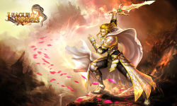 Rule 34 | armor, blonde hair, cape, copyright name, knight, league of angels, male focus, realistic, solo, sword, weapon