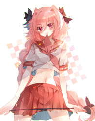 Rule 34 | 1boy, astolfo (fate), astolfo (sailor paladin) (fate), bad id, bad pixiv id, baocaizi, black bow, bow, braid, fate/apocrypha, fate (series), hair bow, hair intakes, highres, looking at viewer, male focus, midriff, mouth hold, navel, official alternate costume, panties, panty pull, pink eyes, pink hair, pleated skirt, school uniform, skirt, solo, trap, underwear