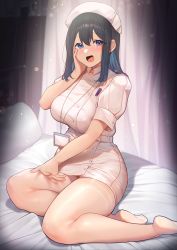 Rule 34 | 1girl, :d, bed, black hair, blue eyes, blurry, blurry background, blush, breasts, collared dress, commentary request, curtains, dress, hair between eyes, hand on own cheek, hand on own face, hand up, hat, highres, id card, indoors, karinto yamada, lap pillow invitation, large breasts, light particles, long hair, looking at viewer, no shoes, nurse, nurse cap, on bed, open mouth, original, pantyhose, pen, pen in pocket, pillow, pocket, shadow, short dress, short sleeves, sitting, smile, soles, solo, thighband pantyhose, white dress, white hat, white pantyhose, yokozuwari