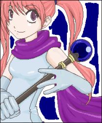 Rule 34 | 1girl, cleric, elbow gloves, female focus, fire emblem, fire emblem: the blazing blade, gloves, lowres, nintendo, pink hair, purple eyes, scarf, serra (fire emblem), smile, solo, staff, twintails