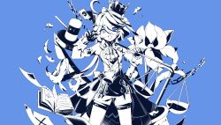 Rule 34 | 1girl, ahoge, animal ears, balance scale, bird, blue theme, book, bow, card, cat ears, claw pose, flower, furina (genshin impact), gavel, genshin impact, hair between eyes, hands up, hat, hat bow, heterochromia, highres, magic penguin, monochrome, playing card, ruma (vocaloid), shorts, solo, top hat, weighing scale