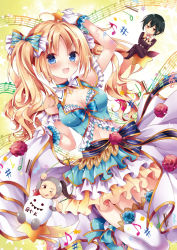 Rule 34 | 1girl, :d, blonde hair, blue eyes, blue skirt, breasts, cleavage, frilled skirt, frills, garter straps, gloves, hair ornament, hair ribbon, layered skirt, long hair, looking at viewer, medium breasts, midriff, multicolored clothes, multicolored skirt, navel, nogi takayoshi, open mouth, original, ribbon, skirt, smile, solo, thighhighs, twintails, white gloves, white skirt, white thighhighs, yellow skirt