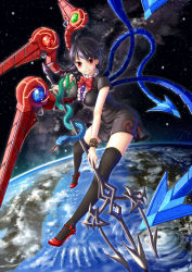Rule 34 | 1girl, asymmetrical wings, black dress, black hair, black thighhighs, bow, breasts, dress, high heels, highres, houjuu nue, large breasts, mechanical wings, planet, polearm, red eyes, smile, snake, solo, space, thighhighs, torinari (dtvisu), touhou, trident, weapon, wings, zettai ryouiki