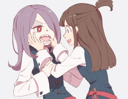 Rule 34 | &gt;:0, 2girls, :d, :o, angry, annoyed, arm grab, brown hair, face-to-face, female focus, friends, hair over one eye, kagari atsuko, light purple hair, little witch academia, long hair, long sleeves, mouth pull, multiple girls, one side up, open mouth, red eyes, round teeth, school uniform, sharp teeth, simple background, smile, sou (tuhut), sucy manbavaran, teeth, v-shaped eyebrows, witch