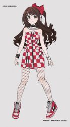 Rule 34 | 1girl, acubi tomaranai, bare shoulders, bracelet, brown hair, character name, checkered clothes, checkered dress, closed mouth, collar, collarbone, dress, english text, fishnet pantyhose, fishnets, full body, grey hair, high tops, highres, idolmaster, idolmaster cinderella girls, jewelry, long hair, looking at viewer, necklace, nike (company), pantyhose, ponytail, product placement, red footwear, shimamura uzuki, shoes, side ponytail, simple background, sneakers, solo, spiked collar, spikes, strapless, strapless dress