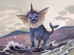 Rule 34 | :d, animal focus, black eyes, bright pupils, cloud, commentary request, creatures (company), full body, game freak, gen 1 pokemon, highres, looking at viewer, nintendo, open mouth, outdoors, pokemon, pokemon (creature), sand, shore, sky, smile, splashing, standing, tongue, vaporeon, water, white pupils, yj0i0