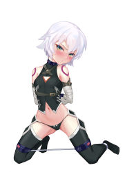 Rule 34 | 1girl, absurdres, arms behind back, bandaged arm, bandages, bare shoulders, bdsm, black panties, black thighhighs, blush, breasts, collar, fate/apocrypha, fate/grand order, fate (series), green eyes, grey hair, highres, jack the ripper (fate/apocrypha), looking at viewer, navel, panties, restrained, scar, scar across eye, short hair, shoulder tattoo, simple background, small breasts, solo, spreader bar, tattoo, tearing up, thighhighs, underwear, white background