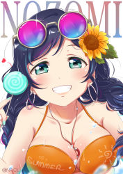 Rule 34 | 10s, 1girl, between breasts, bikini, breasts, candy, character name, cleavage, commentary request, eyewear on head, flower, food, grin, hair flower, hair ornament, highres, holding, holding candy, holding food, holding lollipop, jewelry, large breasts, lollipop, looking at viewer, love live!, love live! school idol festival, love live! school idol project, nacl (v virgo), necklace, ocean, orange bikini, smile, solo, splashing, sunflower, sunglasses, swimsuit, tojo nozomi, twitter username, upper body, water, wet