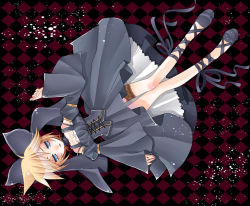 Rule 34 | 1boy, blonde hair, blue eyes, bow, detached sleeves, dress, hair bow, hair ribbon, imitation black (vocaloid), kagamine len, kerokeron, legs, male focus, ribbon, short hair, solo, trap, vocaloid