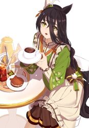 Rule 34 | 1girl, ahoge, animal ears, apron, black hair, brown skirt, chair, coffee, cup, elbow rest, feet out of frame, green kimono, hair between eyes, highres, holding, holding saucer, horse ears, horse girl, horse tail, japanese clothes, kimono, long hair, long sleeves, looking at viewer, manhattan cafe (umamusume), manhattan cafe (verdant night) (umamusume), open mouth, plate, saucer, sitting, skirt, solo, steam, table, tail, teapot, uki kumo, umamusume, waist apron, yellow eyes