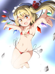 Rule 34 | 1girl, bare arms, bare shoulders, barefoot, bikini, blonde hair, blue background, commentary request, deego (omochi bazooka), fang, flandre scarlet, flat chest, front-tie bikini top, front-tie top, full body, hat, hat ribbon, highres, long hair, looking at viewer, micro bikini, mob cap, navel, open mouth, outstretched arms, red bikini, red eyes, red ribbon, ribbon, rock, side-tie bikini bottom, side ponytail, slit pupils, smile, solo, stomach, string bikini, swimsuit, thigh gap, touhou, white hat