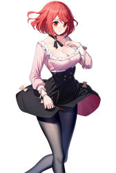 Rule 34 | 1girl, black choker, black sleeves, breasts, choker, cleavage, closed mouth, collarbone, commentary request, feet out of frame, frilled shirt, frills, highres, large breasts, long sleeves, looking at viewer, pantyhose, pink shirt, puffy long sleeves, puffy sleeves, pyra (xenoblade), red eyes, red hair, ririko (zhuoyandesailaer), shirt, short hair, simple background, smile, solo, white background, xenoblade chronicles (series), xenoblade chronicles 2