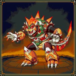 1boy border bowser capcom claws collar commentary crossover english_commentary fire irregularsaturn legs_apart mario_(series) mechanical_tail mega_man_(series) mega_man_x_(series) nintendo no_humans open_mouth pixel_art red_eyes robot shadow sharp_teeth spiked_collar spikes standing tail teeth tile_floor tiles turtle_shell yellow_border