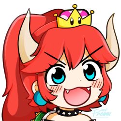 Rule 34 | &gt;:d, 1girl, armlet, blue eyes, blush, bowsette, collar, commentary, earrings, eyelashes, fangs, fream, gyate gyate, horns, jewelry, long hair, mario (series), meme, new super mario bros. u deluxe, nintendo, open mouth, ponytail, portrait, red hair, solo, spiked armlet, spiked collar, spikes, super crown, transparent background, turtle shell, v-shaped eyebrows, watermark