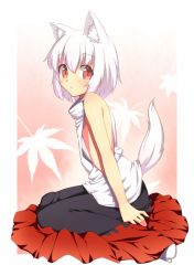 Rule 34 | 1girl, animal ears, bare shoulders, blush, breasts, female focus, inubashiri momiji, kaiza (rider000), kneeling, looking at viewer, red eyes, short hair, sideboob, silver hair, sitting, skirt, sleeveless, small breasts, solo, tail, touhou, wolf ears, wolf tail