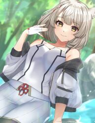 Rule 34 | 1girl, animal ears, brown eyes, cat ears, closed mouth, commentary, edamameoka, fingerless gloves, gloves, grey hair, highres, jacket, looking at viewer, mio (xenoblade), off shoulder, open clothes, open jacket, shirt, short hair, skirt, sleeveless, sleeveless shirt, smile, solo, white gloves, white jacket, white shirt, white skirt, xenoblade chronicles (series), xenoblade chronicles 3