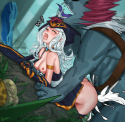 Rule 34 | 1boy, 1girl, amisha, ashe (league of legends), ass, breasts, cum, cum in pussy, closed eyes, gloves, highres, interspecies, league of legends, monster, nipples, open mouth, rape, sex, silver hair, trundle