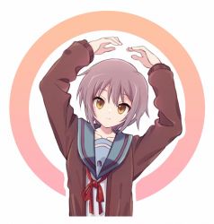 Rule 34 | 1girl, arms up, blue sailor collar, brown cardigan, cardigan, circle, collarbone, commentary request, eyelashes, head tilt, kita high school uniform, light smile, long sleeves, looking at viewer, loose neck ribbon, motion lines, nagato yuki, nanabuluku, neck ribbon, o arms, purple hair, red ribbon, ribbon, sailor collar, school uniform, serafuku, shirt, short hair, simple background, solo, suzumiya haruhi no yuuutsu, upper body, white background, white shirt, yellow eyes