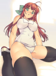 Rule 34 | 1girl, :o, blush, bow, breasts, green eyes, hair bow, impossible clothes, impossible shirt, impossible swimsuit, large breasts, one-piece swimsuit, ootomo takuji, original, red hair, school swimsuit, shirt, shoes, solo, sweatdrop, swimsuit, thighhighs, white school swimsuit, white one-piece swimsuit