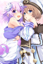 Rule 34 | 2girls, :d, bare shoulders, blanc (neptunia), blue eyes, blush, bra, brown hair, clothes pull, coat, commentary request, d-pad, d-pad hair ornament, from side, fur-trimmed coat, fur trim, hair between eyes, hair ornament, hand on another&#039;s shoulder, hand on another&#039;s waist, hand up, hood, hooded jacket, hug, iwashi dorobou -r-, jacket, jacket pull, long sleeves, looking at viewer, looking to the side, medium hair, multiple girls, neptune (neptunia), neptune (series), off-shoulder coat, off shoulder, open mouth, purple eyes, purple hair, smile, underwear, usb, white coat, wide sleeves, yuri