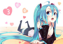 Rule 34 | 1girl, ahoge, aqua eyes, aqua hair, aqua nails, blue nails, blush, breasts, cleavage, detached sleeves, foreshortening, hand on own cheek, hand on own face, hatsune miku, head rest, heart, kasuga ayumu (artist), kasuga ayumu (haruhipo), long hair, looking at viewer, lying, nail polish, on stomach, open mouth, simple background, skirt, smile, solo, thighhighs, twintails, very long hair, vocaloid, white background