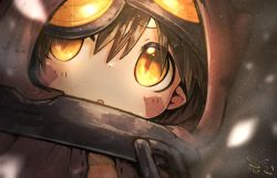 Rule 34 | 1boy, bandam, blurry, brown background, brown cloak, brown hair, chain, child, cloak, close-up, commentary request, depth of field, facial mark, hair between eyes, helmet, highres, hood, hood up, hooded cloak, light particles, looking ahead, made in abyss, male focus, parted lips, pointy ears, regu (made in abyss), short hair, signature, slit pupils, solo, thick eyebrows, upper body, yellow eyes