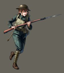 Rule 34 | 1girl, absurdres, backpack, bag, bayonet, belt pouch, blue eyes, bolt action, boots, braid, brown bag, brown footwear, brown hair, brown headwear, chin strap, full body, grey background, gun, helmet, highres, holding, holding gun, holding weapon, jacket, long hair, long sleeves, m1903 springfield, military, combat helmet, military jacket, military uniform, open mouth, original, pouch, rifle, running, scabbard, sheath, simple background, soldier, solo, tudou jun, uniform, weapon, weapon request, world war i