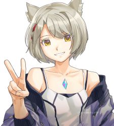 Rule 34 | 1girl, animal ear fluff, animal ears, asagi (banzoku210), bare shoulders, breasts, camisole, cat ears, chest jewel, collarbone, hands up, highres, jacket, looking at viewer, mio (xenoblade), short hair, shoulder strap, simple background, small breasts, smile, solo, tank top, twitter username, v, white camisole, white hair, white jacket, white tank top, xenoblade chronicles (series), xenoblade chronicles 3, yellow eyes