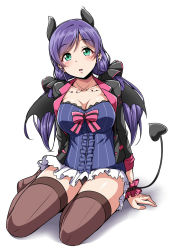 Rule 34 | 10s, 1girl, bat wings, breasts, bustier, full body, green eyes, highres, jacket, large breasts, love live!, love live! school idol festival, love live! school idol project, low twintails, purple hair, scrunchie, sitting, solo, thighhighs, tojo nozomi, twintails, wings, yopparai oni