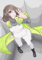 Rule 34 | 1girl, ;), aqua eyes, artist name, artist request, black footwear, black shirt, blue eyes, blush, breasts, brown hair, buttons, cape, female focus, full body, green cape, grey hair, hair between eyes, hand wave, indoors, light brown hair, long sleeves, looking at viewer, love live!, love live! sunshine!!, one eye closed, pants, shirt, shoes, short hair, small breasts, smile, solo, turtleneck, watanabe you, white pants