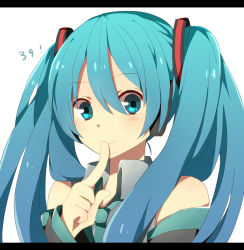 Rule 34 | 1girl, 39, aqua eyes, aqua hair, bad id, bad pixiv id, finger to mouth, harusawa, hatsune miku, letterboxed, long hair, necktie, smile, solo, twintails, vocaloid