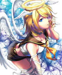 Rule 34 | 1girl, angel wings, bad id, bad pixiv id, bandages, bare shoulders, blonde hair, blue eyes, hair ribbon, halo, head wings, highres, kagamine rin, leaning forward, looking at viewer, ribbon, sailor collar, short hair, shorts, solo, vocaloid, wings, zuo xiang liang
