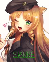 Rule 34 | 1girl, :d, animal ears, arknights, blonde hair, blush, brown necktie, collared shirt, commentary, drill hair, fang, green eyes, highres, index finger raised, long hair, looking at viewer, necktie, one eye closed, open mouth, samiya, shirt, smile, solo, swire (arknights), symbol-only commentary, upper body, very long hair, white background, white shirt