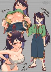 Rule 34 | 3girls, arms behind back, breasts, covered erect nipples, crop top, crop top overhang, english text, fundoshi, grey background, high-waist pants, highres, horn ornament, horn ribbon, horns, japanese clothes, large breasts, long hair, multiple girls, navel, nippaku zanmu, pants, ribbon, sandals, sarashi, shikido (khf), signature, simple background, smile, touhou, underboob, unfinished dream of all living ghost