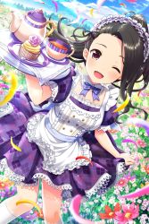 Rule 34 | 1girl, absurdres, alternative girls, apron, black hair, dress, field, flower, flower field, highres, holding, holding plate, long hair, looking at viewer, maid, maid headdress, official art, one eye closed, open mouth, outdoors, petals, plate, ponytail, purple dress, purple eyes, saionji rei, smile, solo, teapot, white apron